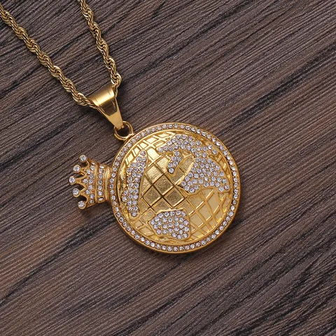 Hip Hop Stainless Steel Crown Earth Pendant Necklace Gold Plated Rhinestone Pave Globe Necklace For Men Women Jewelry