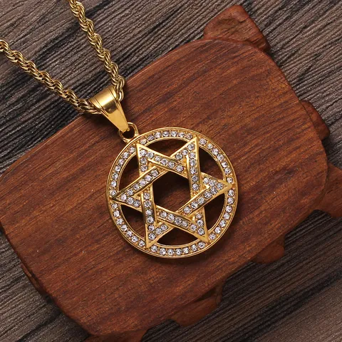 Stainless Steel Hexagram Pendant Necklace Men Gold Plated Iced Out Rhinestone Star Of David Hip Hop Jewelry Rope Chain