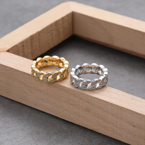 Hip Hop Men Cuban Link Ring Paved AAA Zircon Hollow Design Finger Band Gold Silver Plated Personalized Fashion Jewelry
