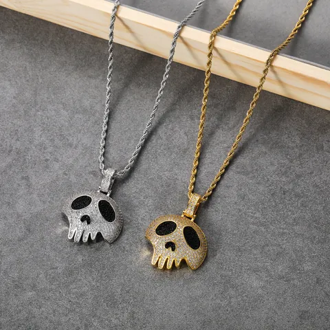 Collar de Pendiente de Calavera Gótica Hip Hop Cobre Circonita Cadena de Cuerda Acero Inoxidable Joyería de Fiesta Hombre Mujer