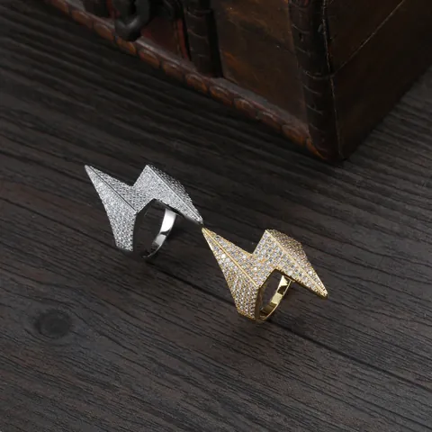 Hip Hop Lightning Bolt Ring For Men Gold Silver Plated Copper AAA Zirconia Inlaid Punk Fashion Jewelry Statement Ring