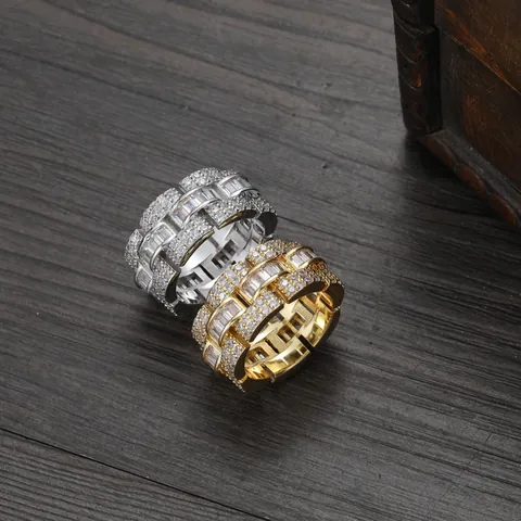 Anello Hip Hop a Fascia Larga da Uomo in Rame e Zirconia Iced Out Bling Anello a Catena Cubana Oro Argento Placcato Gioielli Punk