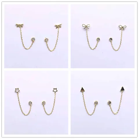 S925 Sterling Silver Double Piercing Chain Stud Earrings Gold Plated Zirconia Heart Butterfly Star Shell Ear Jewelry