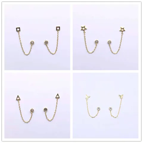 S925 Sterling Silver Double Piercing Chain Stud Earrings Gold Plated Zirconia Heart Butterfly Star Shell Ear Jewelry