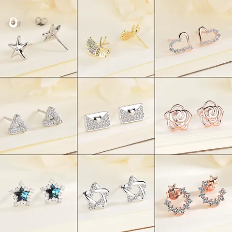 925 Sterling Silver Stud Earrings For Women Minimalist Zircon Heart Star Ginkgo Leaf Inlaid Elegant Fashion Jewelry With 925 Sterling Silver Earring Post