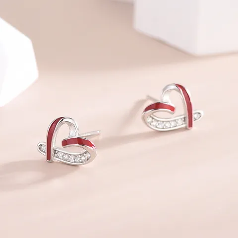 S925 Sterling Silver Earring Post Hollow Heart Stud Earrings With Zirconia Enamel Inlaid Korean Simple Fashion Jewelry For Women