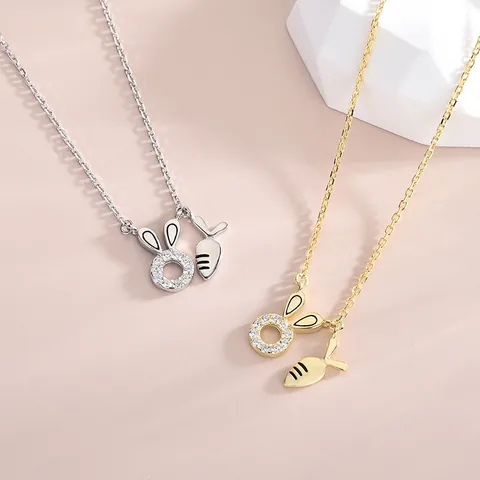 925 Sterling Silver Cute Rabbit Carrot Pendant Necklace Cubic Zirconia Inlaid Gold Silver Jewelry For Women Girls Birthday Gift