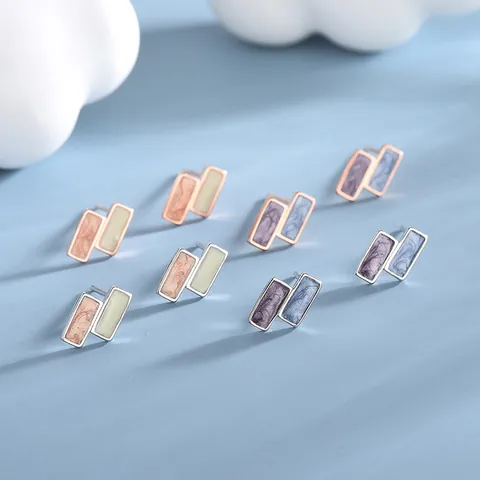 S925 Sterling Silver Geometric Rectangular Stud Earrings Contrast Marble Drip Oil Enamel Minimalism Earrings For Women Gift