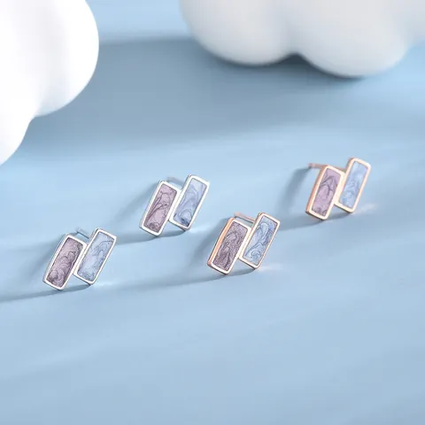 S925 Sterling Silver Geometric Rectangular Stud Earrings Contrast Marble Drip Oil Enamel Minimalism Earrings For Women Gift
