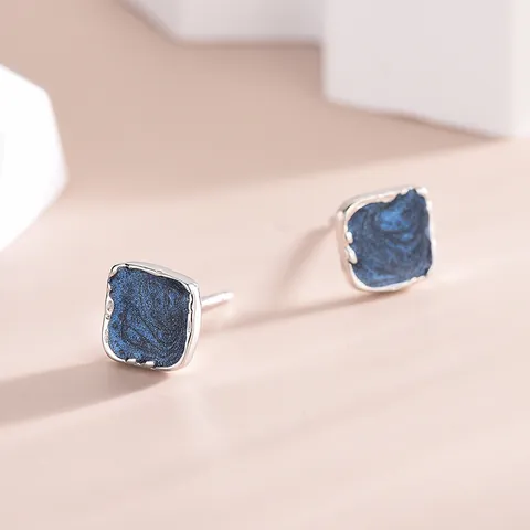 Vintage 925 Sterling Silver Square Stud Earrings Minimalist Geometric Enamel Earrings For Women Small Delicate Ear Jewelry Gift