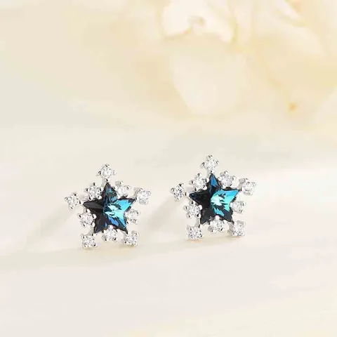 925 Sterling Zilver Blauw Zirkonia Vijfpuntige Ster Oorknopjes Voor Vrouwen Coole Mode Sneeuwvlok Ingelegde Zirkon Sieraden
