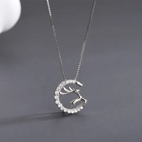 925 Sterling Silver Reindeer Pendant Necklace Elegant Cubic Zirconia Circle Deer Animal Charm Box Chain Jewelry For Women Girls Gift
