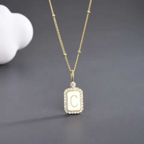 925 Sterling Silver Rectangular Alphabet Pendant Necklace Zirconia Rhinestone Gold Plated Initial Letter Satellite Beaded Chain Women Jewelry