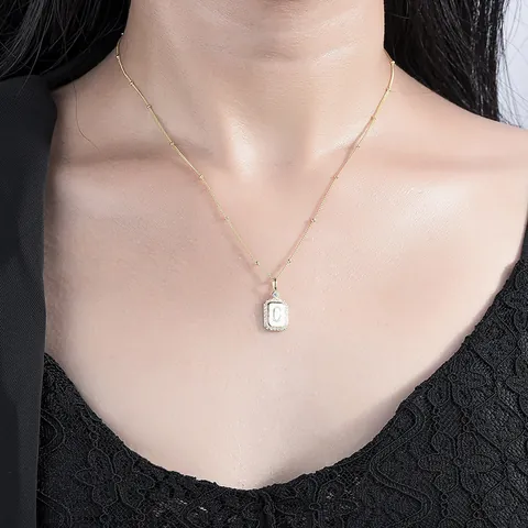 925 Sterling Silver Rectangular Alphabet Pendant Necklace Zirconia Rhinestone Gold Plated Initial Letter Satellite Beaded Chain Women Jewelry