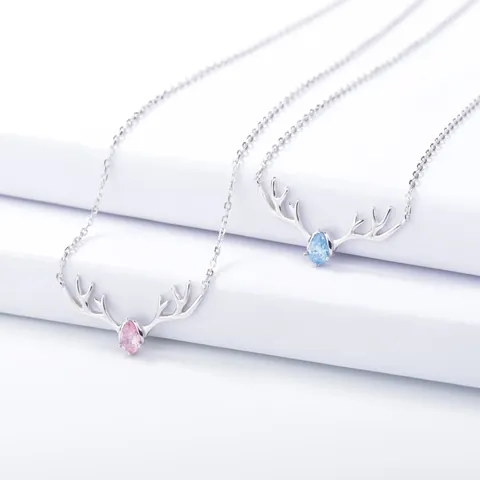 925 Sterling Silver Elk Antler Pendant Necklace For Women With Water Drop Zirconia Christmas Jewelry Gift Clavicle Chain Necklace