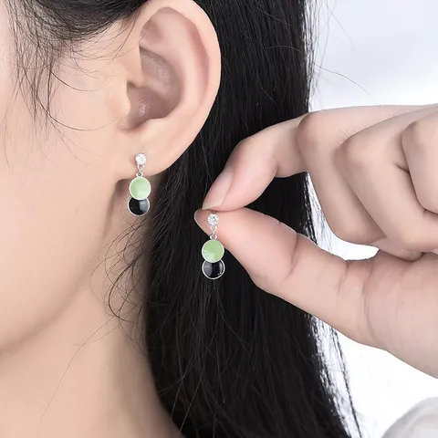 Geometric Round Enamel Stud Earrings With 925 Sterling Silver Earring Post Zirconia Elegant Jewelry For Women Daily Wear