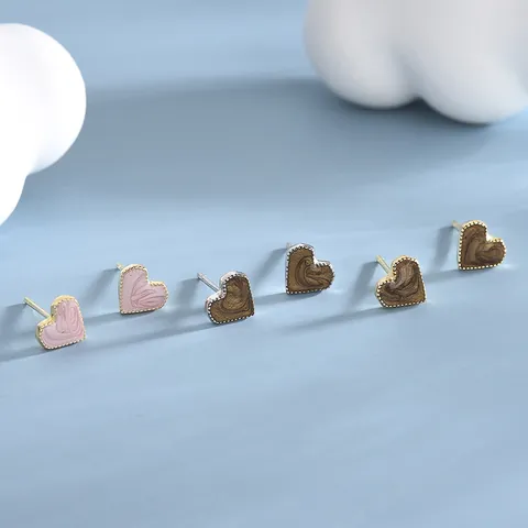 Sweet Heart Stud Earrings With 925 Sterling Silver Earring Post Vintage Marble Texture Alloy Gold Silver Plated Zirconia Resin Jewelry For Women