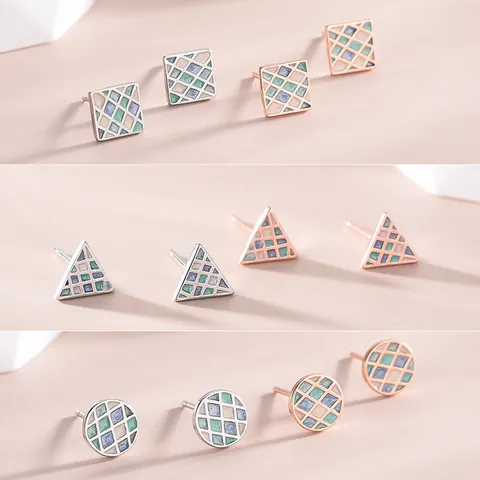 S925 Sterling Silver Earring Post Geometric Stud Earrings Minimalist Mosaic Enamel Triangle Square Round Jewelry For Women