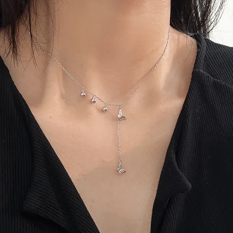 Collar con Colgante de Doble Mariposa de Plata de Ley 925 para Mujer con Zirconia Incrustada Cadena de Borla en Forma de Y Oro Oro Rosa Plata Joyería