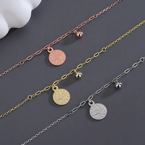 S925 Sterling Silver Round Tag Coin Pendant Bracelet Women Minimalist Adjustable Chain Bead Charm Jewelry Gold Silver Gift