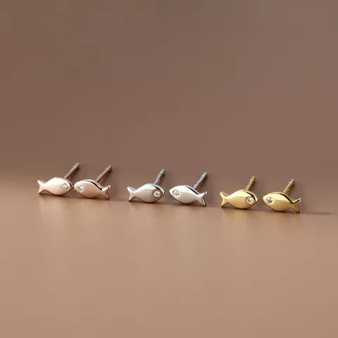 Orecchini a Bottone a Forma di Pesce in Argento Sterling 925 Minimalisti Con Occhio di Zircone per Donna Gioielli Regalo