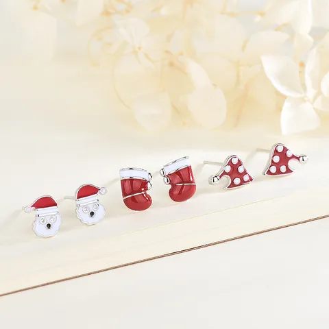 Orecchini a Bottone Natalizi in Argento Sterling S925 per Donna Babbo Natale Smalto Rosso Calza Cappello Gioielli per Feste Regalo