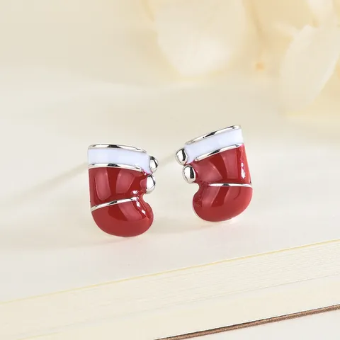 Orecchini a Bottone Natalizi in Argento Sterling S925 per Donna Babbo Natale Smalto Rosso Calza Cappello Gioielli per Feste Regalo