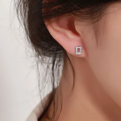 925 Sterling Silver Geometric Hollow Rectangle Stud Earrings Micro Pave Zirconia Minimalist Fashion Jewelry For Women Gift