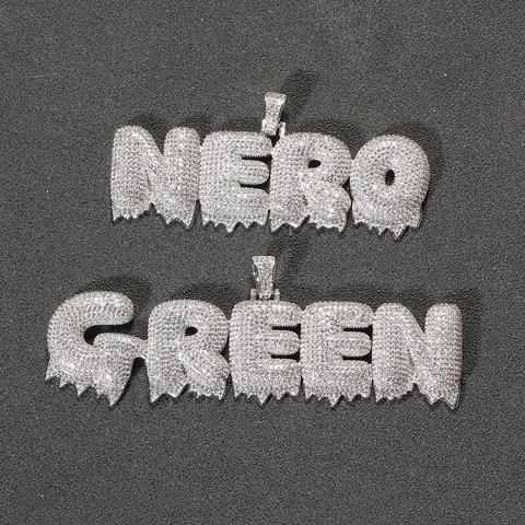 Hip Hop Iced Out Dripping Bubble Letter Pendant Necklace Gold Plated Copper Zirconia Bubble Pendant Stainless Steel Rope Chain For Men Women Jewelry