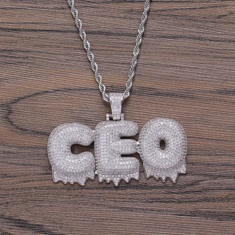 Hip Hop Iced Out Dripping Bubble Letter Pendant Necklace Gold Plated Copper Zirconia Bubble Pendant Stainless Steel Rope Chain For Men Women Jewelry