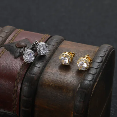 Hip Hop Round Stud Earrings For Men Women Iced Out Zircon Halo Copper Gold Silver Plated Personality Fashion Jewelry