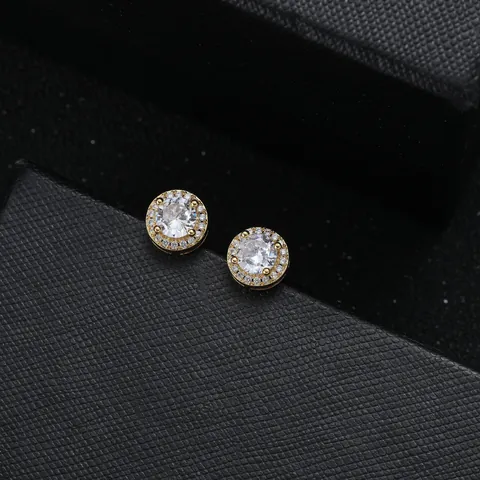 Hip Hop Round Stud Earrings For Men Women Iced Out Zircon Halo Copper Gold Silver Plated Personality Fashion Jewelry