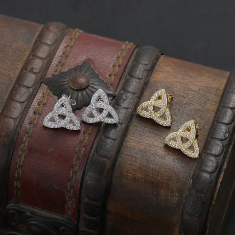 Hip Hop Geometric Trinity Knot Stud Earrings Gold Plated Copper Micro Pave Zirconia Celtic Knot Jewelry For Men Women