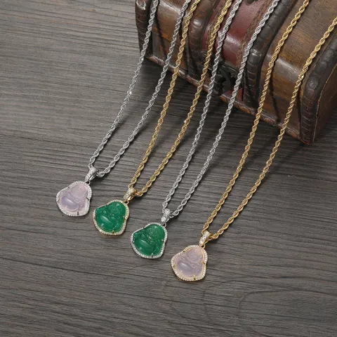 Hip Hop Copper Gold Plated Buddha Pendant Necklace Stainless Steel Rope Chain Micro Inlaid Zirconia Simulated Jade Jewelry