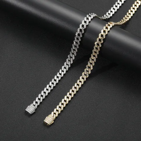 12mm Iced Out Baguette-Schliff Zirkonia Panzerkette Kupfer Hip Hop Halskette Armband Für Herren Gold Silber Schmuck