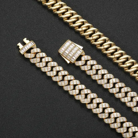 Luxury Cuban Link Chain Necklace Bracelet For Men Hip Hop Copper Zirconia Baguette Cut Inlay Heavy Jewelry Gold Silver