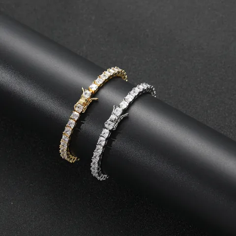 Hip Hop Kupfer Quadratischer Zirkonia Tennis Halskette Armband Für Herren Gold Silber Galvanisiert Luxus Modeschmuck Zubehör