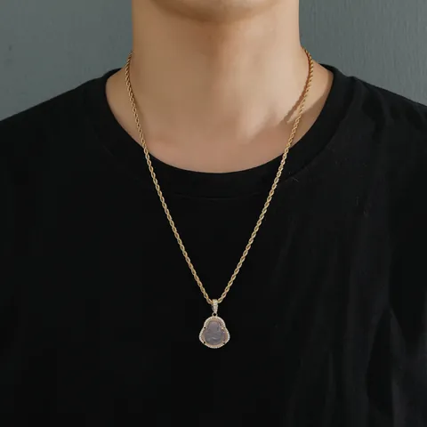 Hip Hop Copper Gold Plated Buddha Pendant Necklace Stainless Steel Rope Chain Micro Inlaid Zirconia Simulated Jade Jewelry