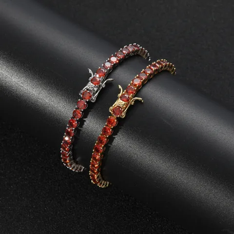 Hip Hop Copper Red Zircon Tennis Necklace Bracelet For Men Women Gold Silver Plated Single Row Round Cut Zirconia Chain Jewelry