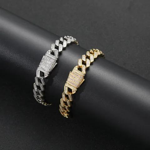 12mm Iced Out Baguette-Schliff Zirkonia Panzerkette Kupfer Hip Hop Halskette Armband Für Herren Gold Silber Schmuck