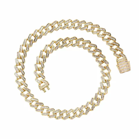Catena a Maglia Cubana da 12mm con Zirconia Taglio Baguette Iced Out in Rame Collana Bracciale Hip Hop da Uomo Oro Argento