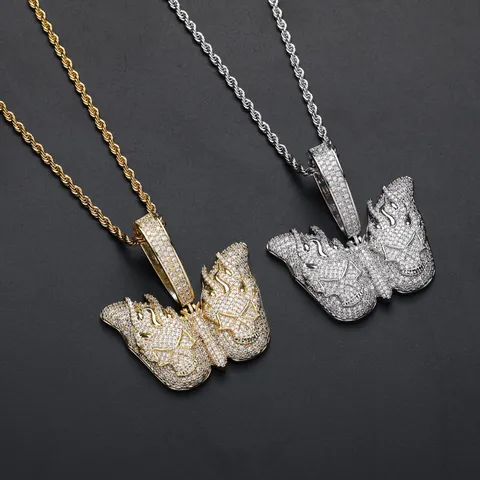 Hip Hop Butterfly Skull Pendant Necklace Copper Gold Plated Zirconia Iced Out Flame Devil Jewelry For Men Stainless Steel Rope Chain