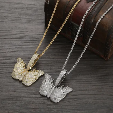 Hip Hop Butterfly Skull Pendant Necklace Copper Gold Plated Zirconia Iced Out Flame Devil Jewelry For Men Stainless Steel Rope Chain