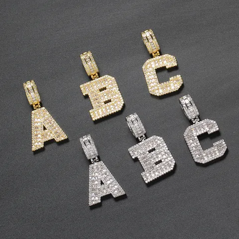Hip Hop Initial Letter Pendant Necklace For Men Women Baguette Zirconia Inlaid Copper Pendant Stainless Steel Rope Chain Jewelry