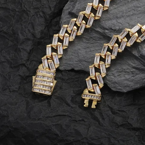 Men's Hip Hop 12mm Baguette Cut Zircon Cuban Link Chain Gold Silver Plated Copper Iced Out Necklace Bracelet Jewelry