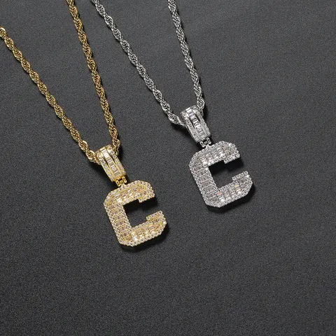 Iced Out Zirconia English Alphabet Initial Pendant Necklace Hip Hop Copper Gold Plated Stainless Steel Rope Chain Jewelry For Unisex