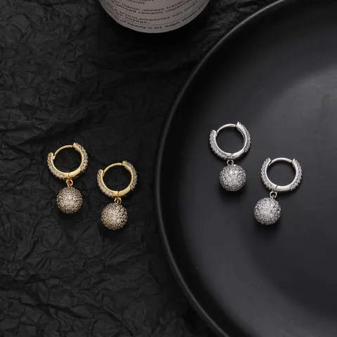 Hip Hop Micro Pave Zirconia Ball Drop Hoop Earrings For Women Men Copper Gold Silver Plated Disco Ball Jewelry Gift