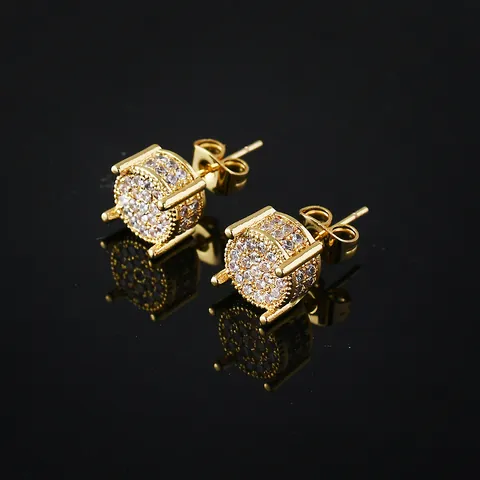 Hip Hop Round Copper Stud Earrings With AAA Zirconia Micro Pave Gold Silver Color Unisex Fashion Jewelry For Party Everyday