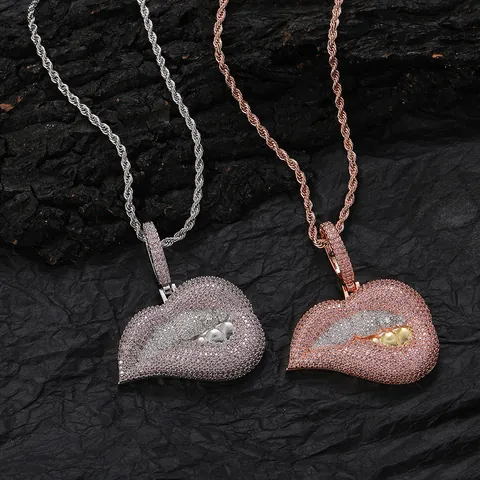 Hip Hop Geijsd Lippen Hanger Ketting Verguld Koper Micro Pave Zirconia Mond Tanden Sieraden Met Roestvrijstalen Touwketting Voor Heren Vrouwen