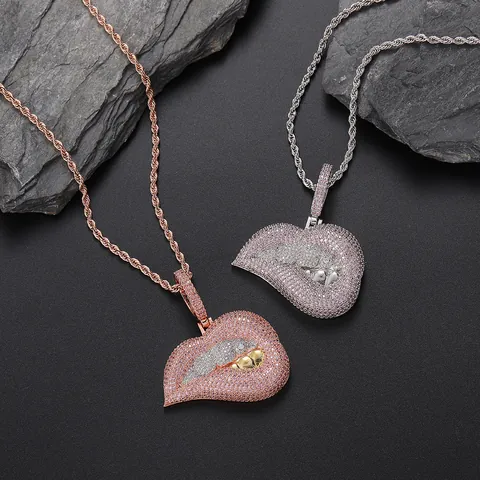 Hip Hop Geijsd Lippen Hanger Ketting Verguld Koper Micro Pave Zirconia Mond Tanden Sieraden Met Roestvrijstalen Touwketting Voor Heren Vrouwen